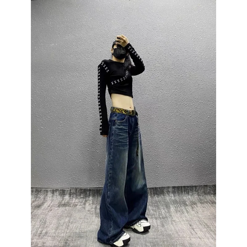 Spring and Autumn New American Pocket Casual Tie-Dye Jeans Women's Retro Leopard Print Ribbon Loose Wide Legs Pants