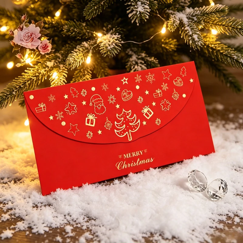 Red Golden Foil Christmas Money Envelopes Xmas Tree Snowflake Print Cash Gift Red Packets Holiday Gift Envelope for Christmas