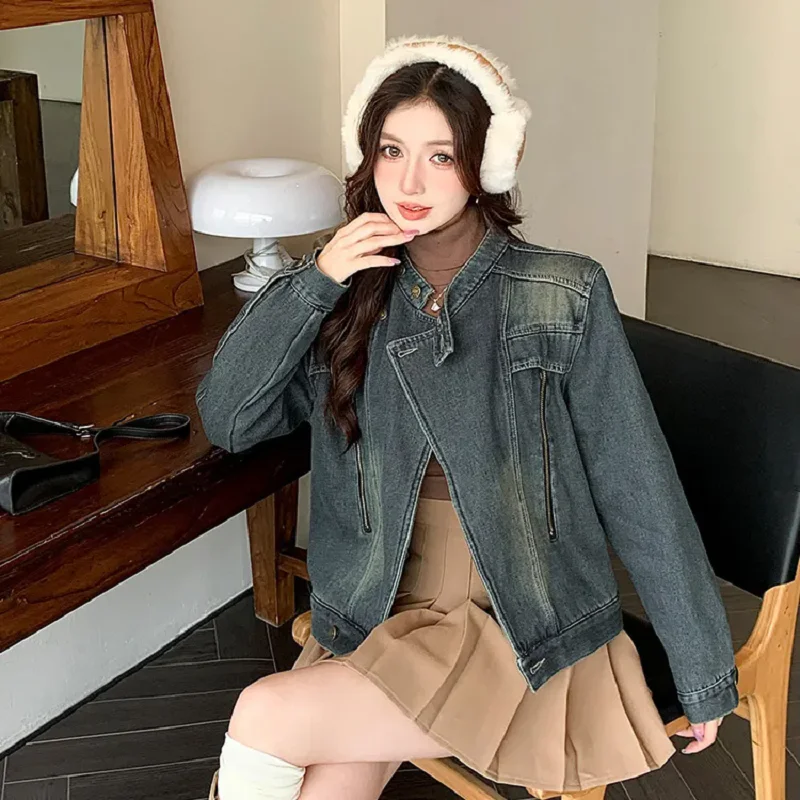 Moda gola alta denim jaqueta feminina novo outono inverno vintage mangas compridas jeans casaco feminino solto roupas de cowboy t1437