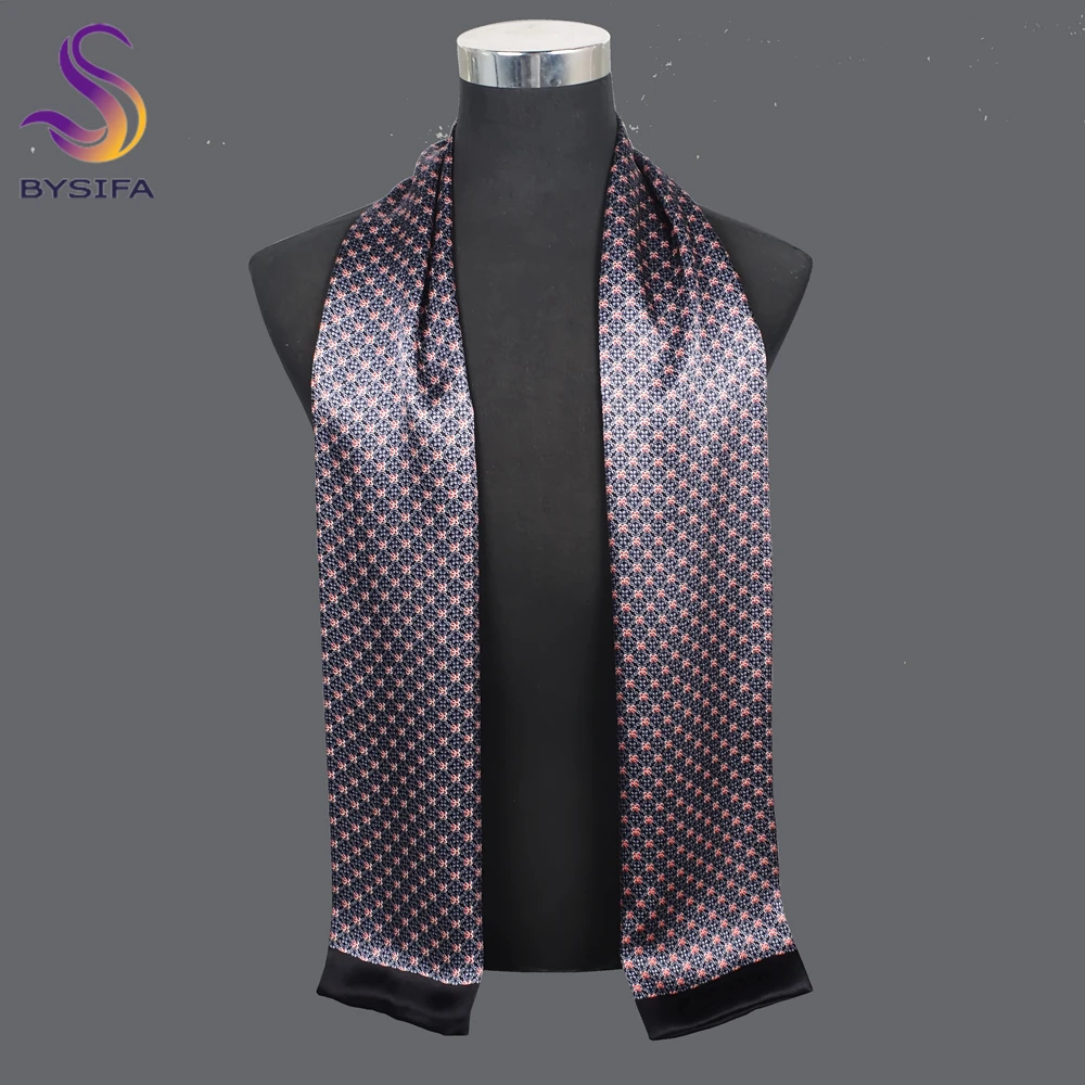 [BYSIFA] New Navy Blue Men Silk Scarf Printed Muffler Winter Brand Fashion Scarves 100% Pure Silk Male Black Long Scarves Cravat