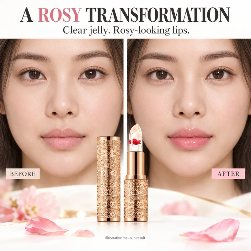 Crystal Flower Jelly Lipstick, Color Changing Clear Lip Tint, Glossy Pink Finish, Gold Case, 3 Flower Colors for Everyday Makeup