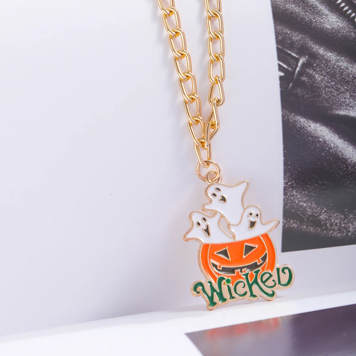 Europe and America Gold Color Drop Glue Pumpkin Ghost, Cute Expression Sickle Death Necklace UNISEX Halloween Hip Hop Necklace