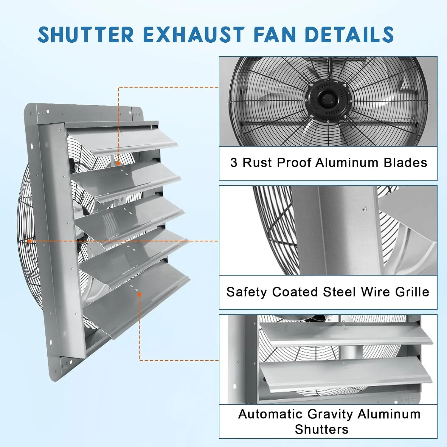 20 24 Inch Automatic Louver Exhaust Fan Wall Mounted Ventilation Fan High Speed Ventilator 3500 CFM Low Noise Energy Efficient Industrial Exhaust Fan with Aluminum Blades for Garage Warehouse Workshop Greenhouse Barn view 5