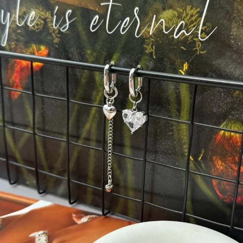 Creative Tassel Design Asymmetric earrings Heart Shape Elegant Zircon Hoop Earrings Y2K Crystal Heart Earrings Party Wear