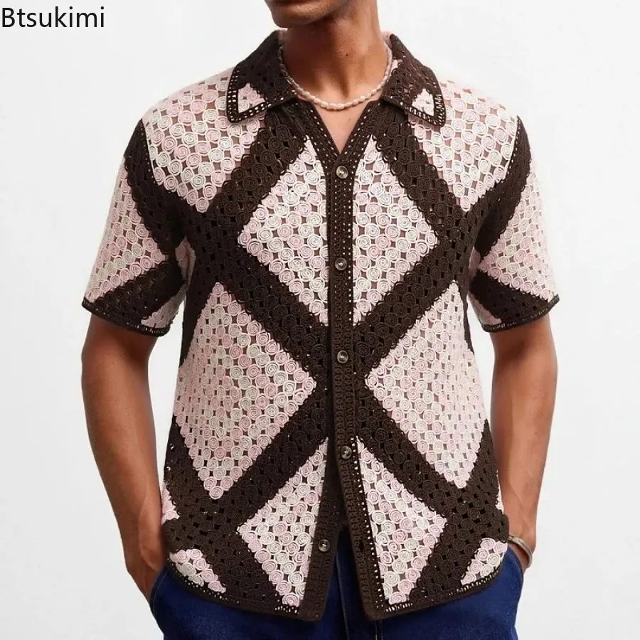 Men's Fashion Hollow Hook Flower Short Sleeved Knitted Shirt Summer Casual Lapel Button Top Vintage Vintage Cardigan Polo Shirt