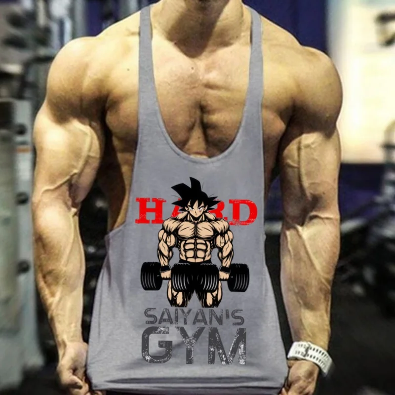 Tanque de ginástica sem mangas de algodão Dragon Ball Z, alça estreita masculina com tecido elástico para treinos e treinamento diários de ginástica