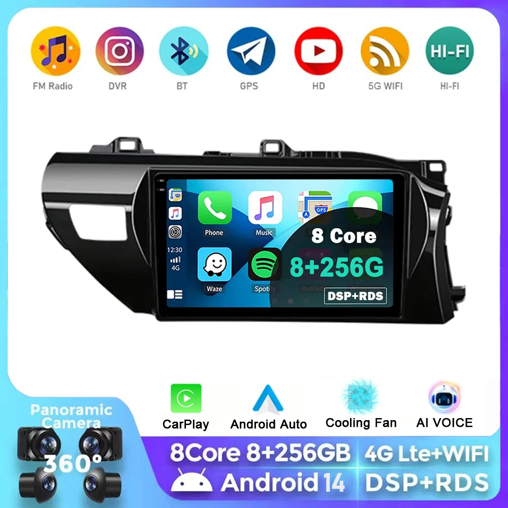 

Android 14 Auto Carplay Car Radio Multimedia For Toyota Hilux Pick Up AN120 2015 - 2023 RHD Stereo Video Player GPS WIFI+4G BT