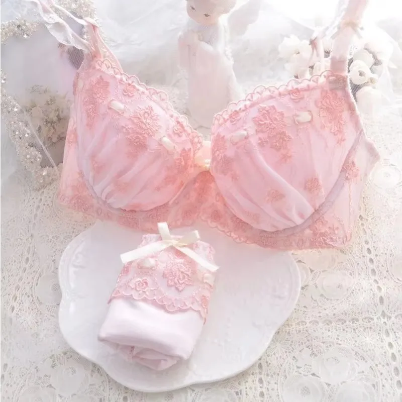 Japanese Two-color Embroidered Thin Cup Cute Girl Gathering Sexy Lingerie Bra Set Push Up