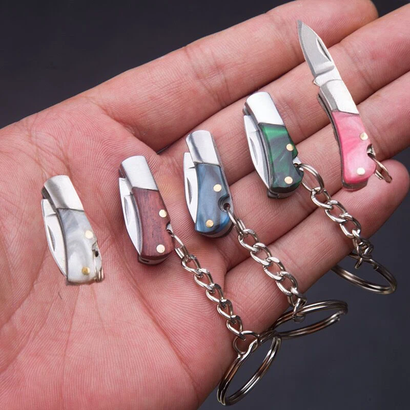 5cm Acrylic Mini Folding Knife Pendant Brass Wood Keychains Sharp Small Blade Portable Hanging Outdoor Camping Unboxing Knife