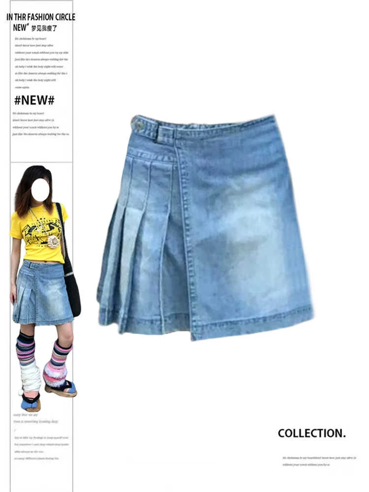

Женские мини-джинсовые плиссированные юбки Kpop 2000-х годов Эстетическая корейская юбка в консервативном стиле Y2k трапециевидной формы Harajuku High Street Design Harajuku Новинка