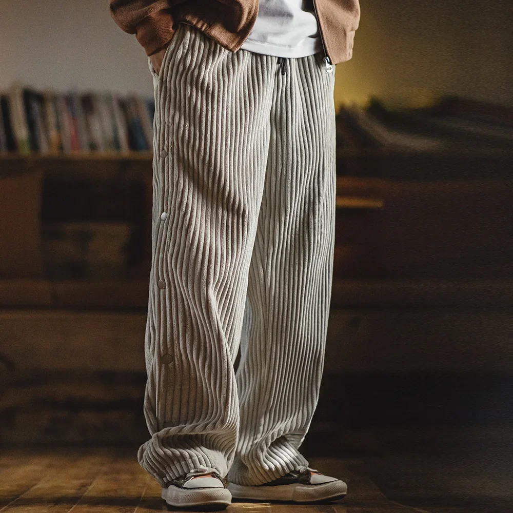 Maden Retro WARM Corduroy Snap-up Sweatpants หลวมเอวยางยืดกีฬาสบายๆขาตรงกางเกงฤดูใบไม้ร่วงสําหรับชายฤดูหนาวกางเกง