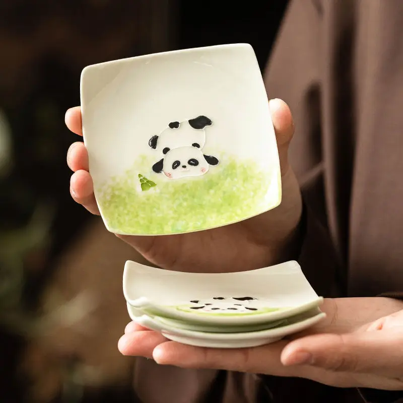 

Hand Drawn Sculpture Panda Square Coaster Ceramic Mat Teacup Holder Anti Slip And Heat-Insulating Tea Plate