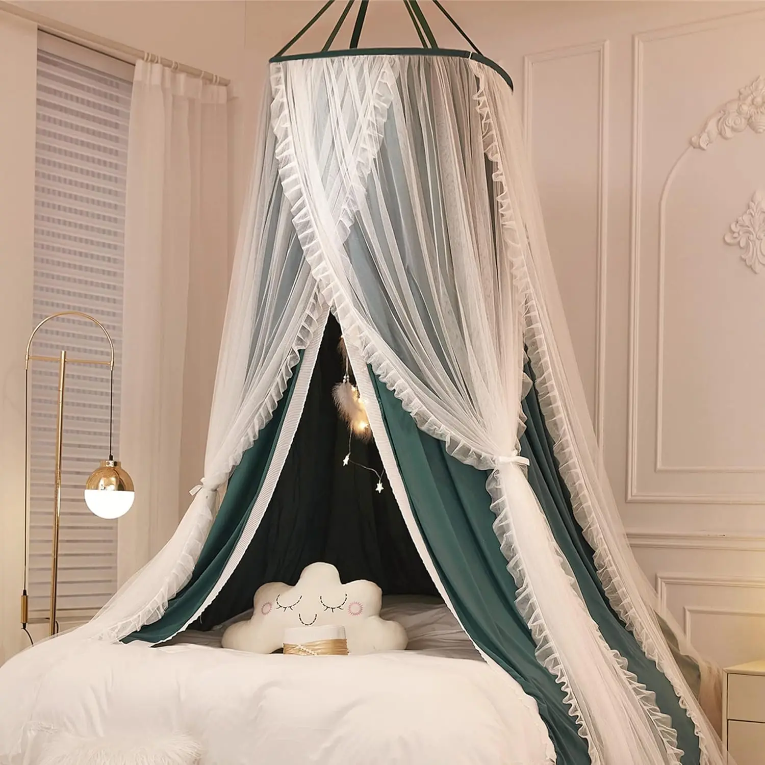 

Double Layer Princess Dome Bed Canopy for Girls Adults, Mosquito Net Castle Play Tent Reading Nook in Blackish Green/White