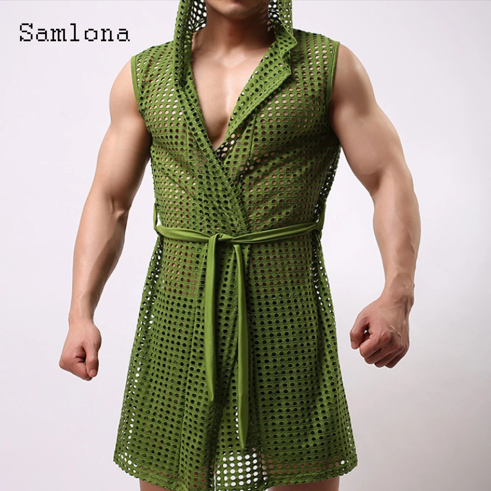 Sexy Men Hollow Out Tank Tops Sleeveless Long Vest 2022 European Style Casual Beach Shirt Clothing Open Stitch Hooded T-shirt