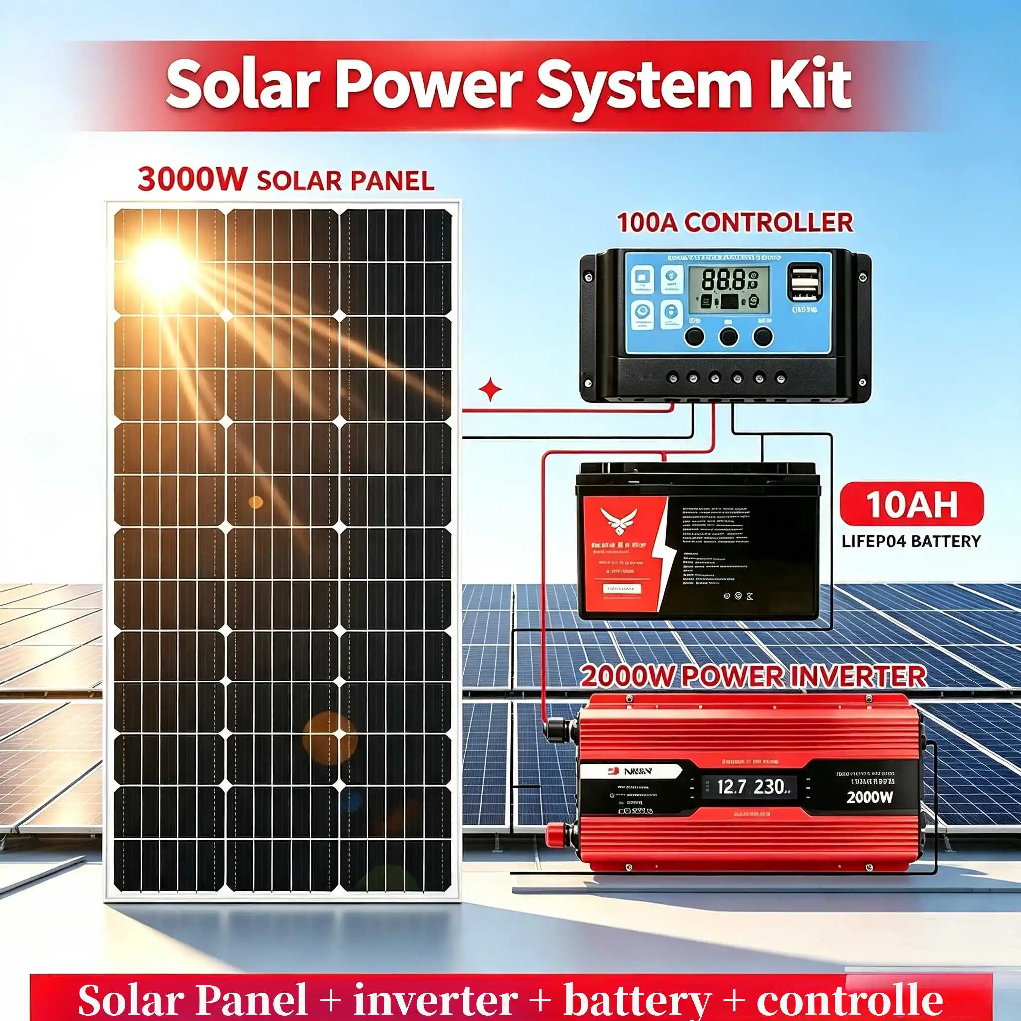3000W Home Solar Power Kit Full Set with Inverter Controller Lithium Battery for Household Load Power Supply