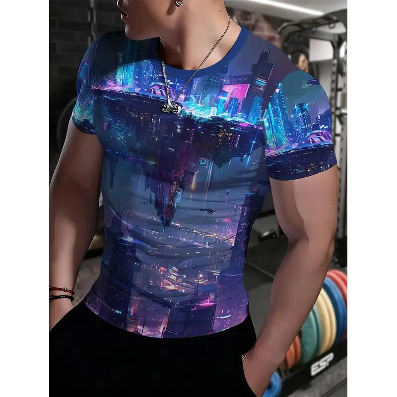 Premium Mens Muscle Training Tee Quick Dry Moisture Wicking Short Sleeve Compression Fitness Shirt All Over Print Body Hugging