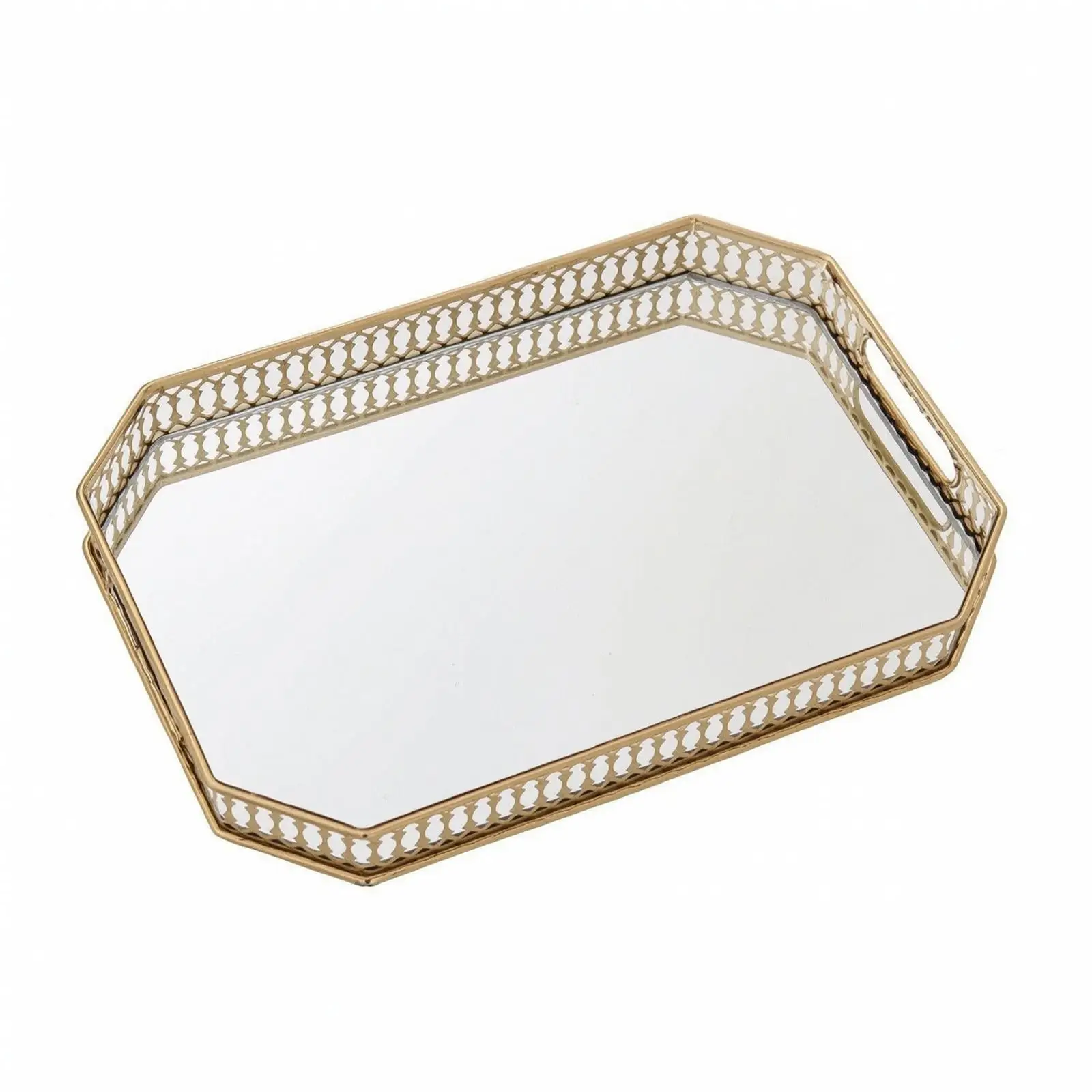 Gold Tone Decorative Storage Tray with Geometric Openwork Sides Mirrored Glass Base for Coffee Table Entryway Decor