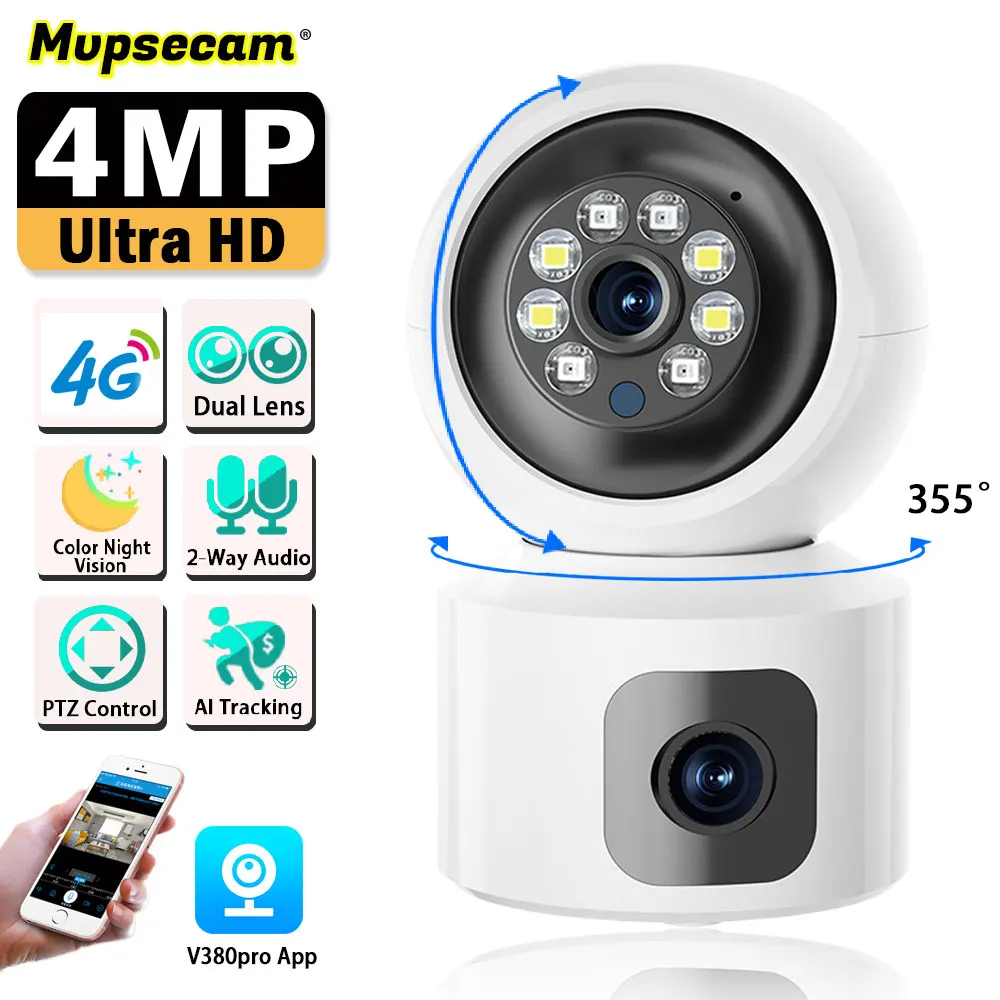 

4G SIM Card Wireless Camera 4MP PTZ Color Night Vision Indoor Security Camera P2P 2K Video Surveillance IP Cameras 2 Way Audio