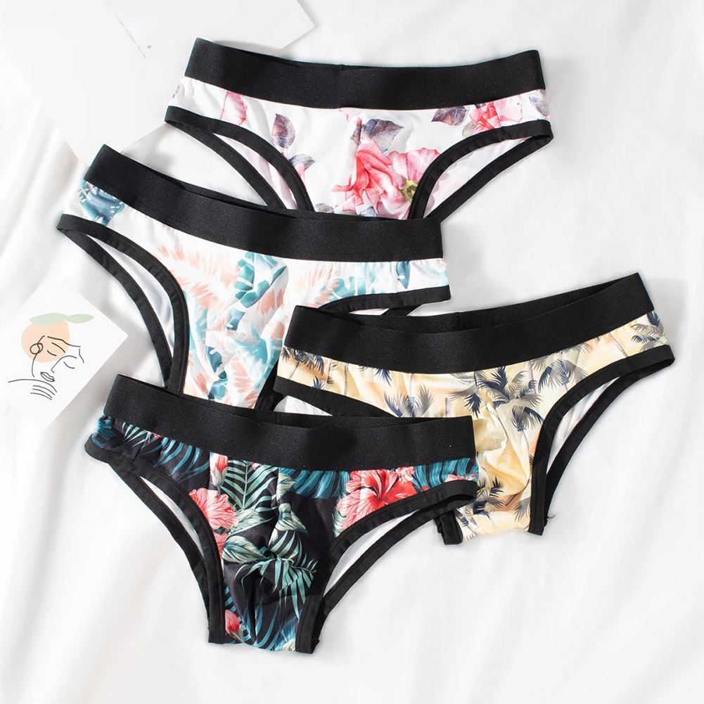 1pc Men Ice Silk Print Briefs Thin Breathable U Shape Pouch Underwear Underpants L-3XL Large Size Fashion Panties Briefs