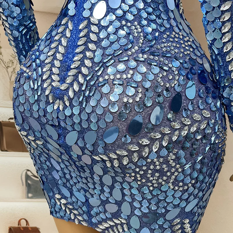 วันเกิดเพชรประสิทธิภาพชุด Royal Blue Sequins Slim สั้นชุดนักร้องรุ่น Walk Show Party Vestido De Fiesta Grad
