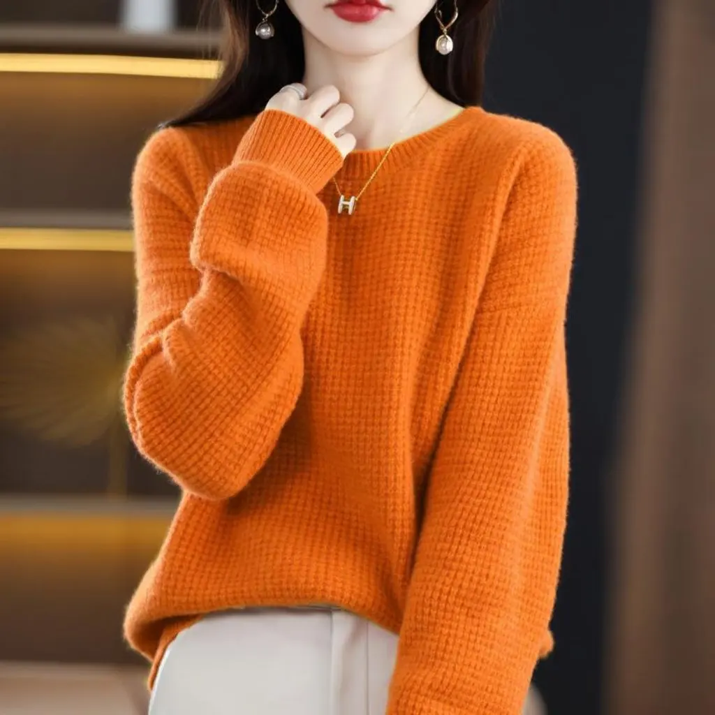 

Women's Thick round Neck Pullover Sweater Solid Color Shoulder Sleeve Wide Needle Knit Top New Style