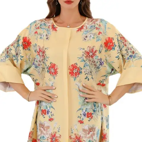 N5KB Flower Print Kaftan Dress Islamic Robes Middle East Dress Full Length Kaftan