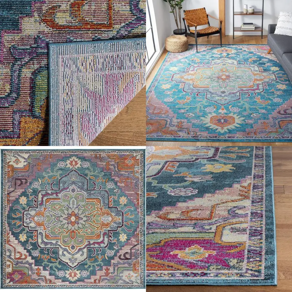 

12' Square Teal & Rose Medallion Area Rug, Non-Shedding, Easy Care, Ideal For High Traffic Living & Bedroom Spaces