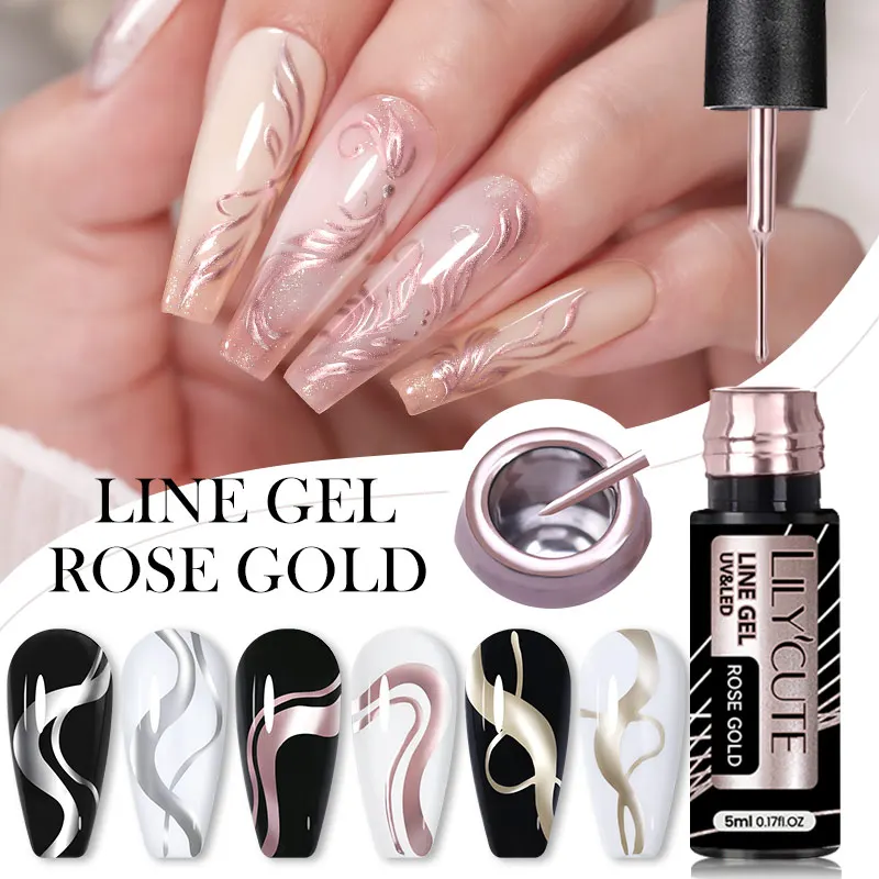 LILYCUTE Rose Gold Silver Metallic Liner Gel Nail Art Polish Super bright French Mirror pull Line Graffiti Painting Gel Varnish