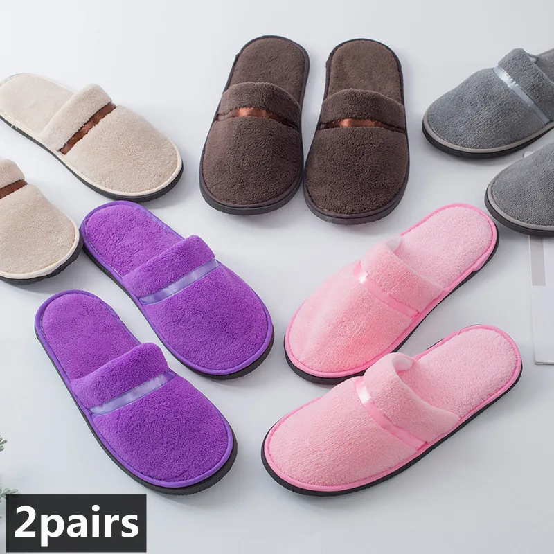 2Pairs Winter Warm Slippers Closed Toe Hotel Slippers Soft Non-slip Fluffy Slides Couple Indoor House Slippers Guest Use Sandals