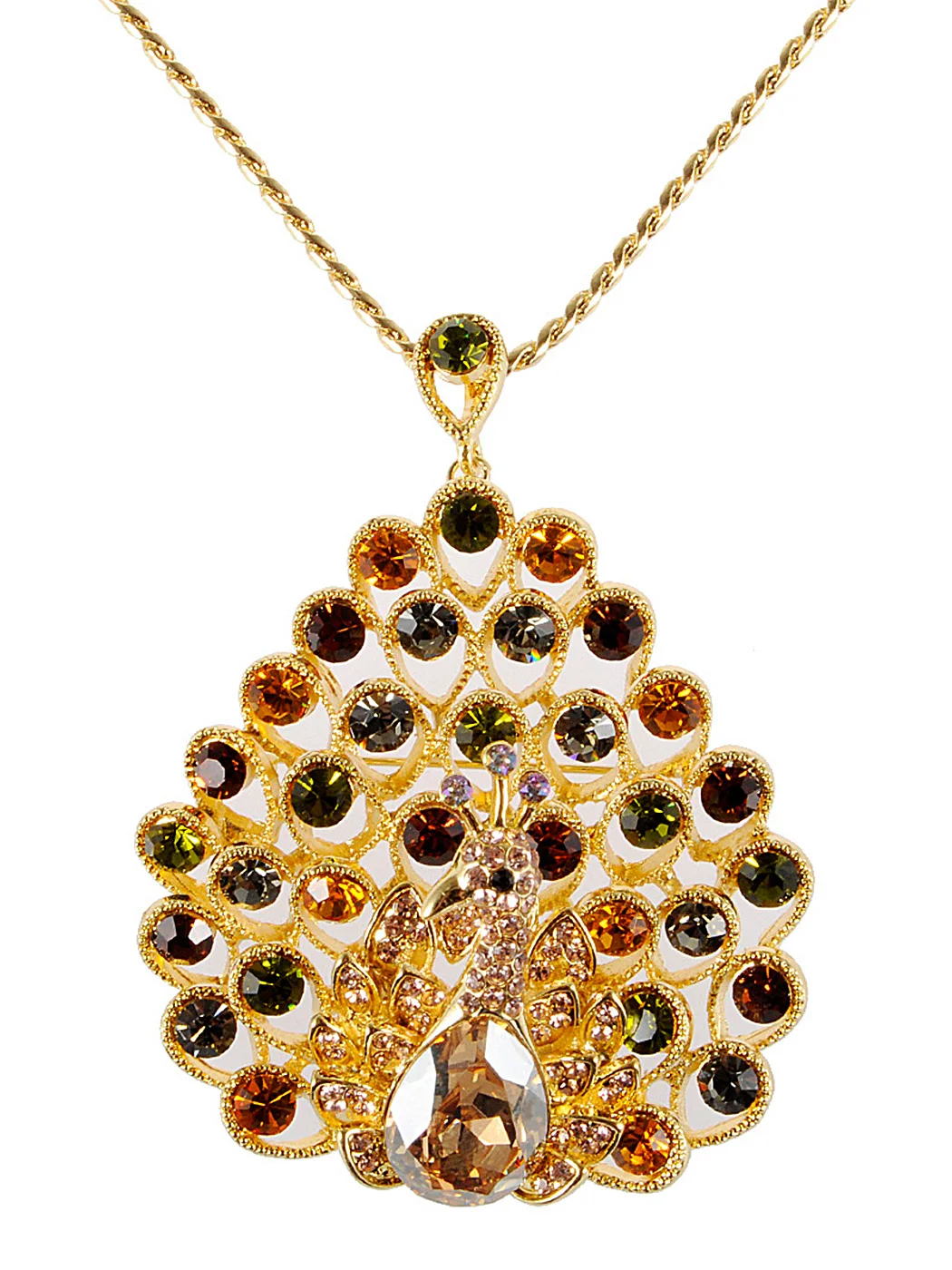 Crystal Elements Multicolored Golden Tone Peacock Bird Necklace