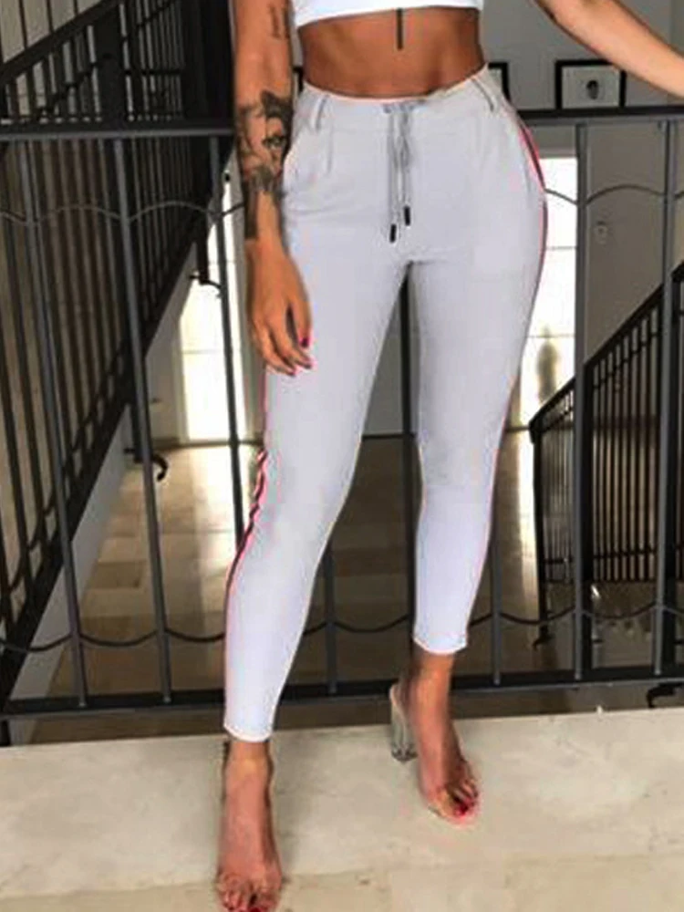 Imagem -02 - Vangull-calça Casual com Listras Laterais Cinza para Mulheres Leggings com Renda Cintura Alta Calça Elástica no Tornozelo para Mulheres Primavera