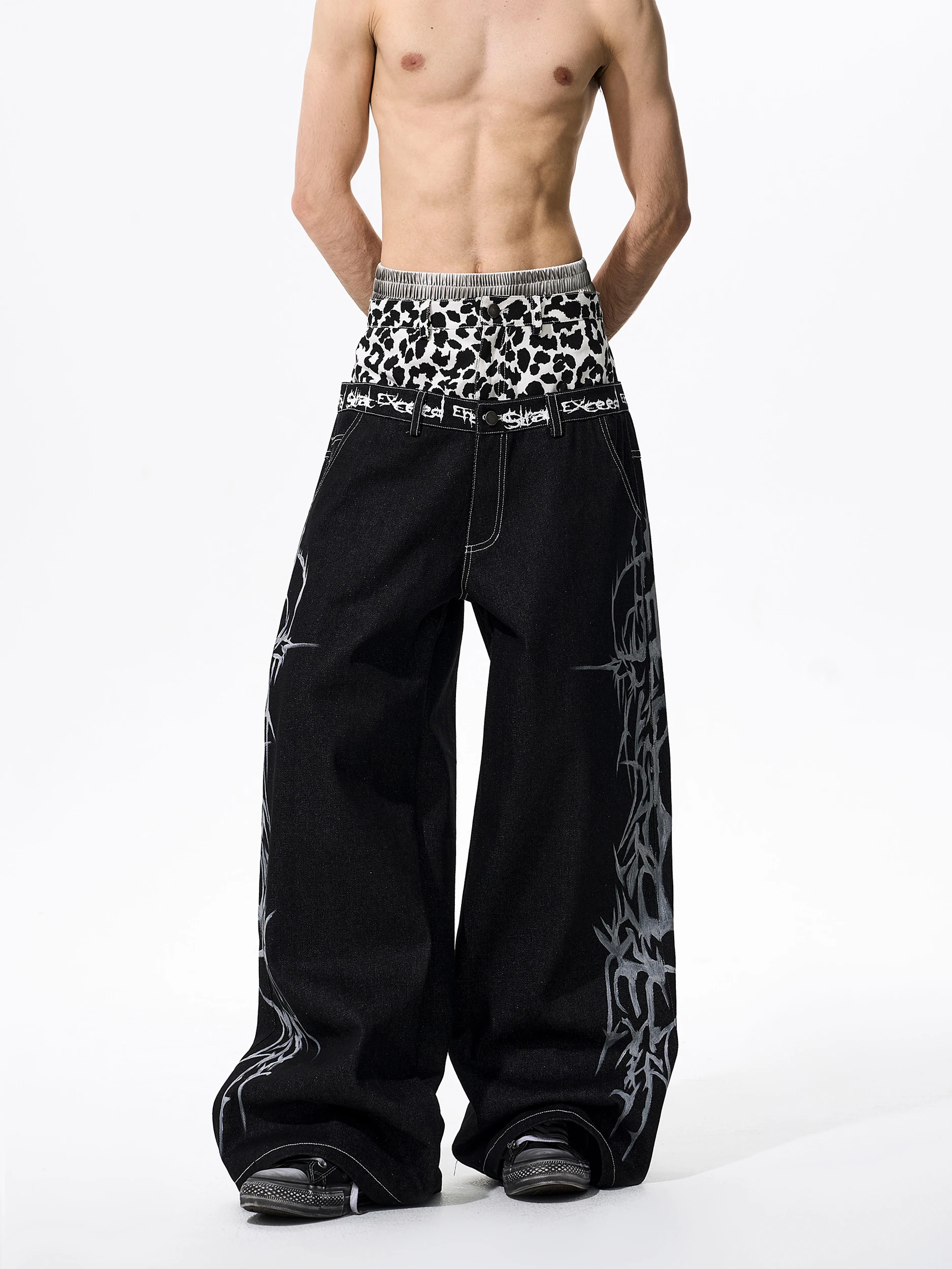SEE Original Artwork Hand-Painted Double Waist Head Men's Jeans Leopard Print Patchwork Wide Leg Cotton Straight Cut Jeans