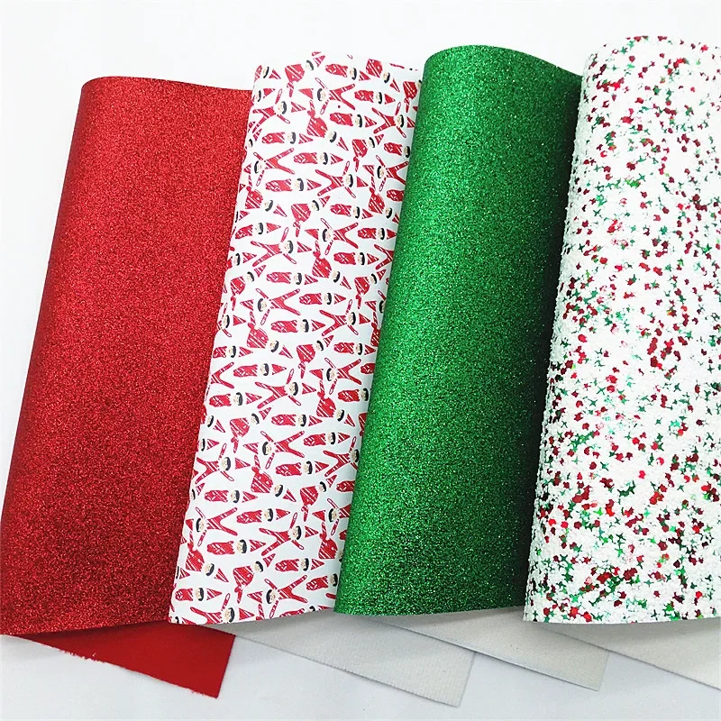 Christmas REd Green Glitter Leather Sheets Felt Back Glitter Faux Fabric Elfs Printed Smooth Leather For Bow DIY 21x29CM Q1525