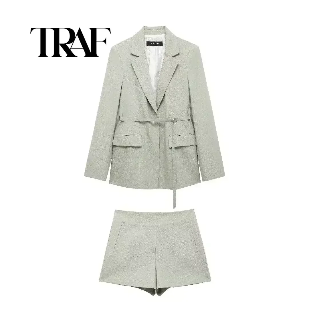 TRAF Office Lady Green Women Blazer Suits Long Sleeve V Neck Blazer+High Waist Shorts Summer Office Lady Sets