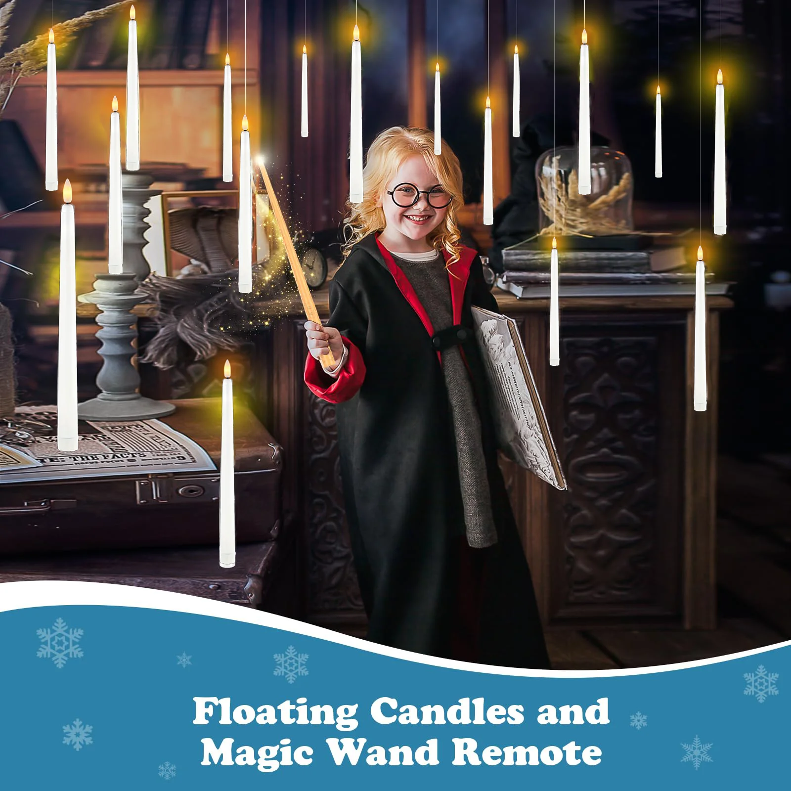 11inch/28cm Halloween Floating Candles with Magic Wand LED Flying Candles Flickering Warm Flameless Candle Remote Taper Candles