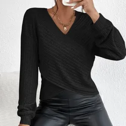 Autumn and Winter Women's Pullover Solid V-Neck Cross Lantern Long Sleeve T-shirt Sweater Knit Fashion Office Lady Casual Tops