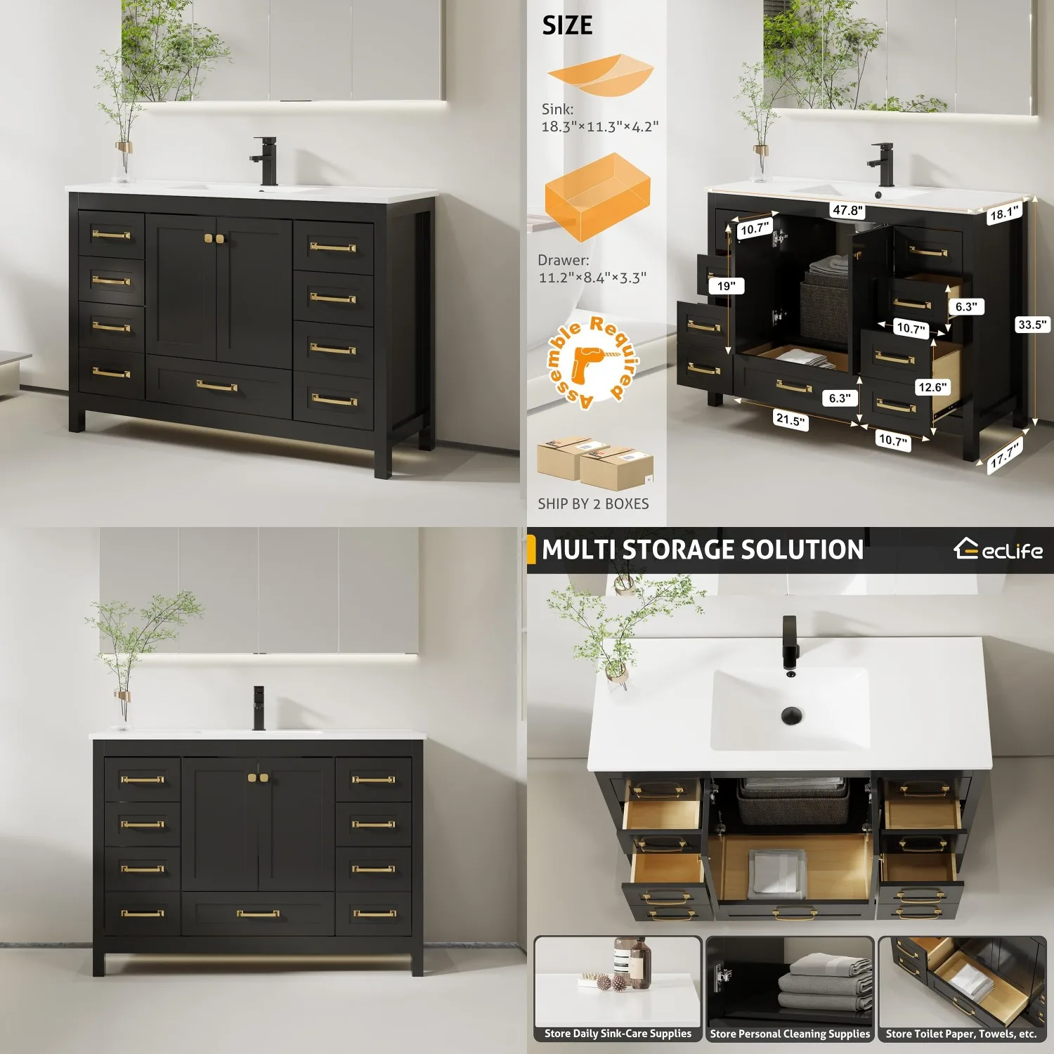 

48in Modern Wood Bathroom Vanity Combo Undermount White Sink Matte Black Faucet Drain Customized