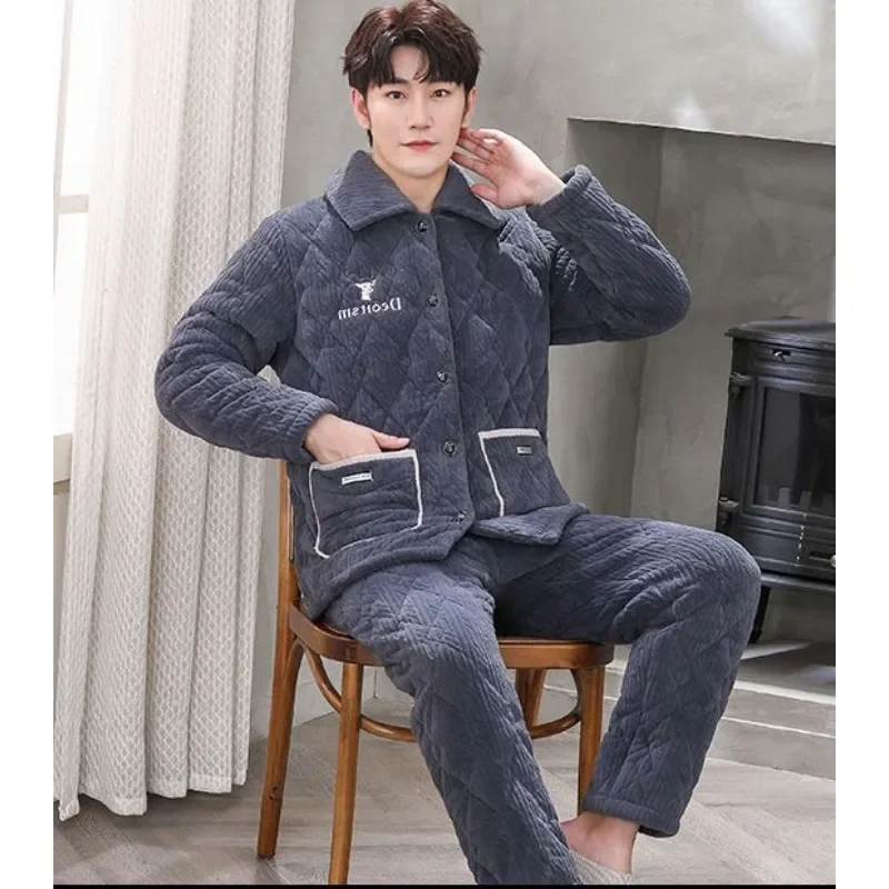 Men Pajamas Winter Three-layer Thickening Plus Velvet Coral Fleece Cotton Male Suit Flannel Warm Home Clothing Autumn Homewear