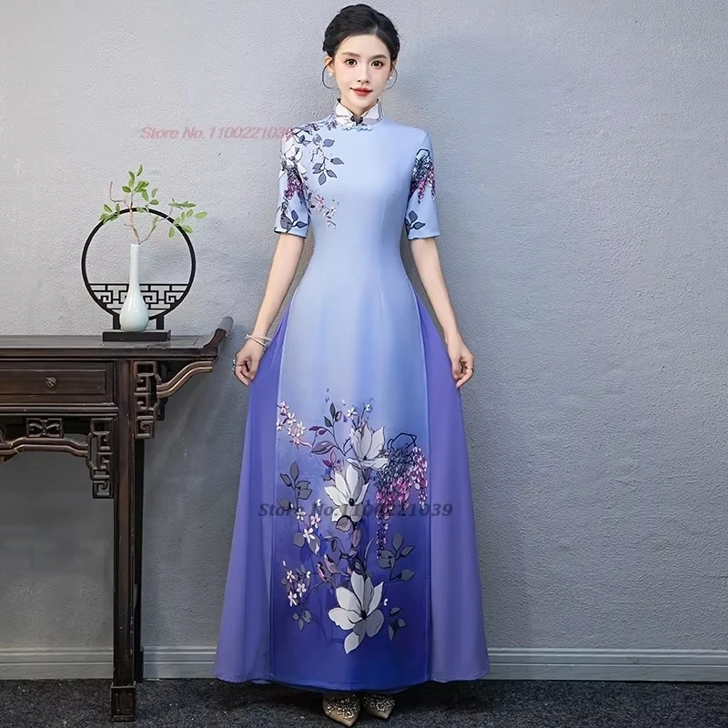 2024 vietnam traditional dress ao dai national flower print improved cheongsam oriental stage qipao party banquet evening dress