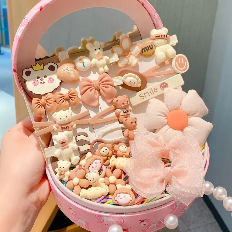 1 Set/Box Children Cute Cartoon Flower Elastic Hair Bands Girl Sweet Hairpins Kid Fashion High-end Hair Accessories Set Gift