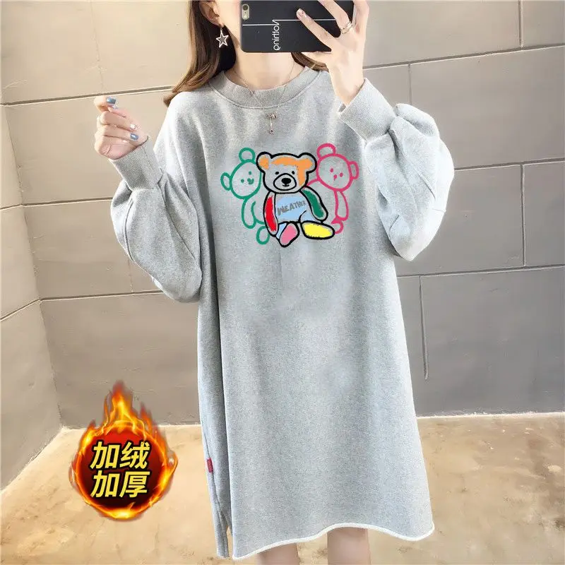 Female Casual Korean Printing O-neck Long Sleeve Midi Dress Autumn Simplicity Loose Pullover Tshirt Dress Thick Women Clothing