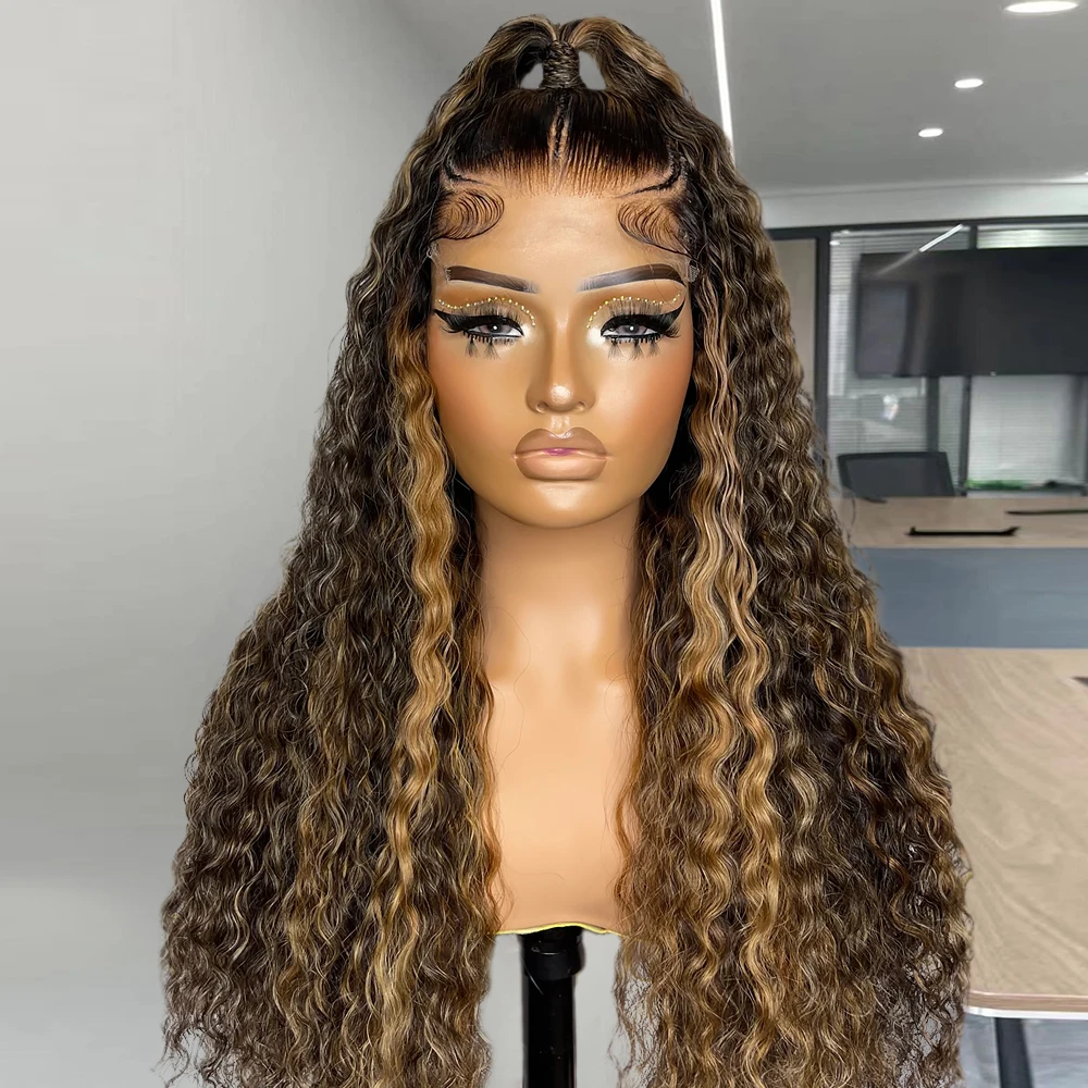 Highlight Deep Wave Wig 13x4 Synthetic Lace Front Wig Brown with Blonde  Lace Frontal Wig Honey Blonde Deep Wave Pre Plucked Wig