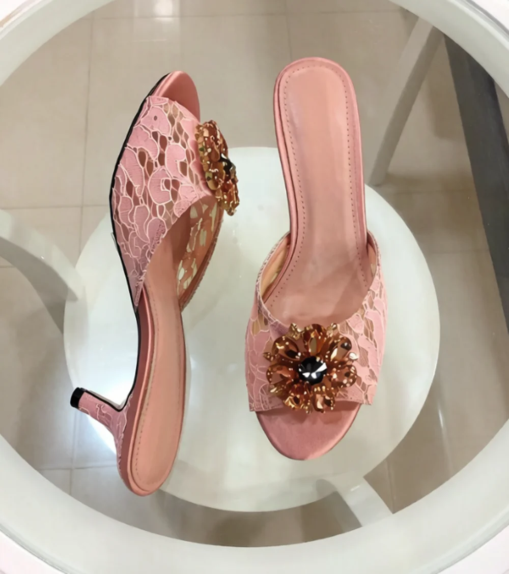 Elegant Pink Floral Lace Open Toe Heels Single Lace Strap Decorated Large Crystal Flower Thin Kitten Heel Backless Sandals