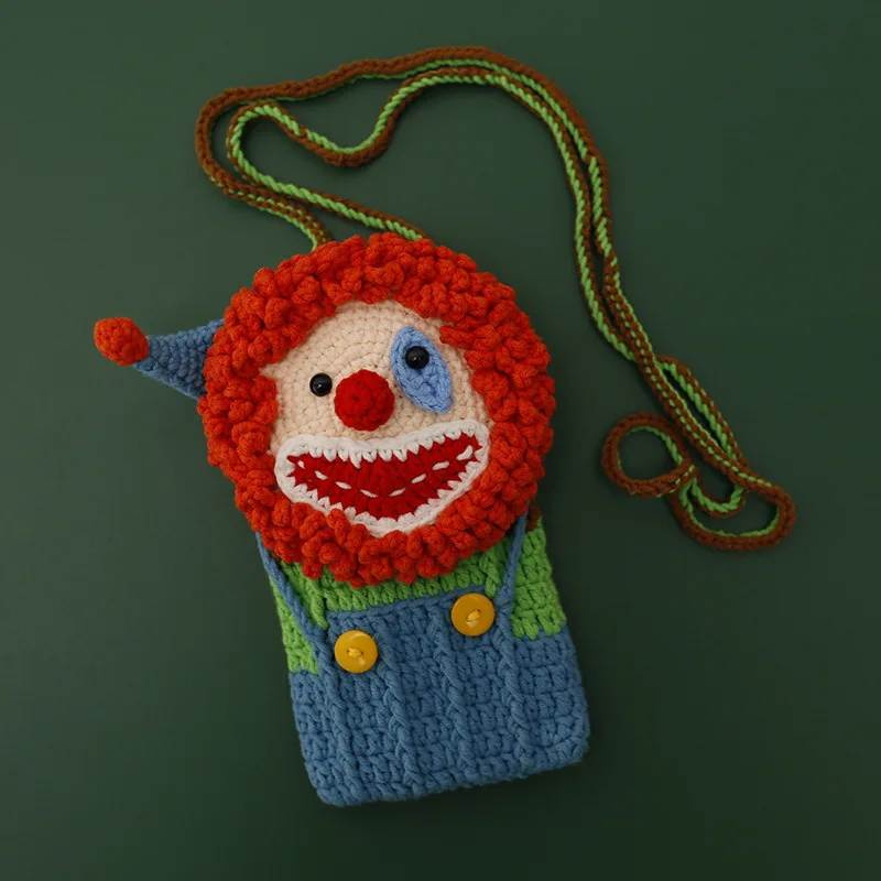 

Handmade Kids Crochet Clown Shaped Small Size Side Sling Shoulder Bag Boy Girl Knit Stylish Mini Phone Flap Pouch Crossbody Bag