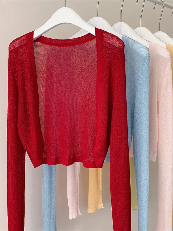 

Red Ice Silk Linen Sun Protection oulder awl Thin Long Sve Micro Permeable Open Cardigan Outerwear with Sling