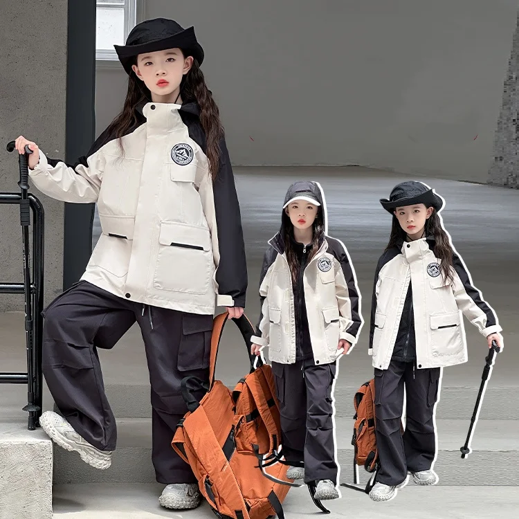 

Kids Hooded Jacket Sets 4-14Y Girl Reversible Garment Outfit Toddle Sporty Outwear Child Sporty Style Spring Autumn Warm Jacket