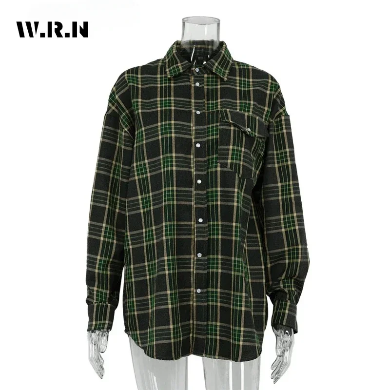 Mode Baggy Plaid femmes Blouse élégant revers à manches longues chemises et chemisiers Vintage poche à lacets haut femme 2025