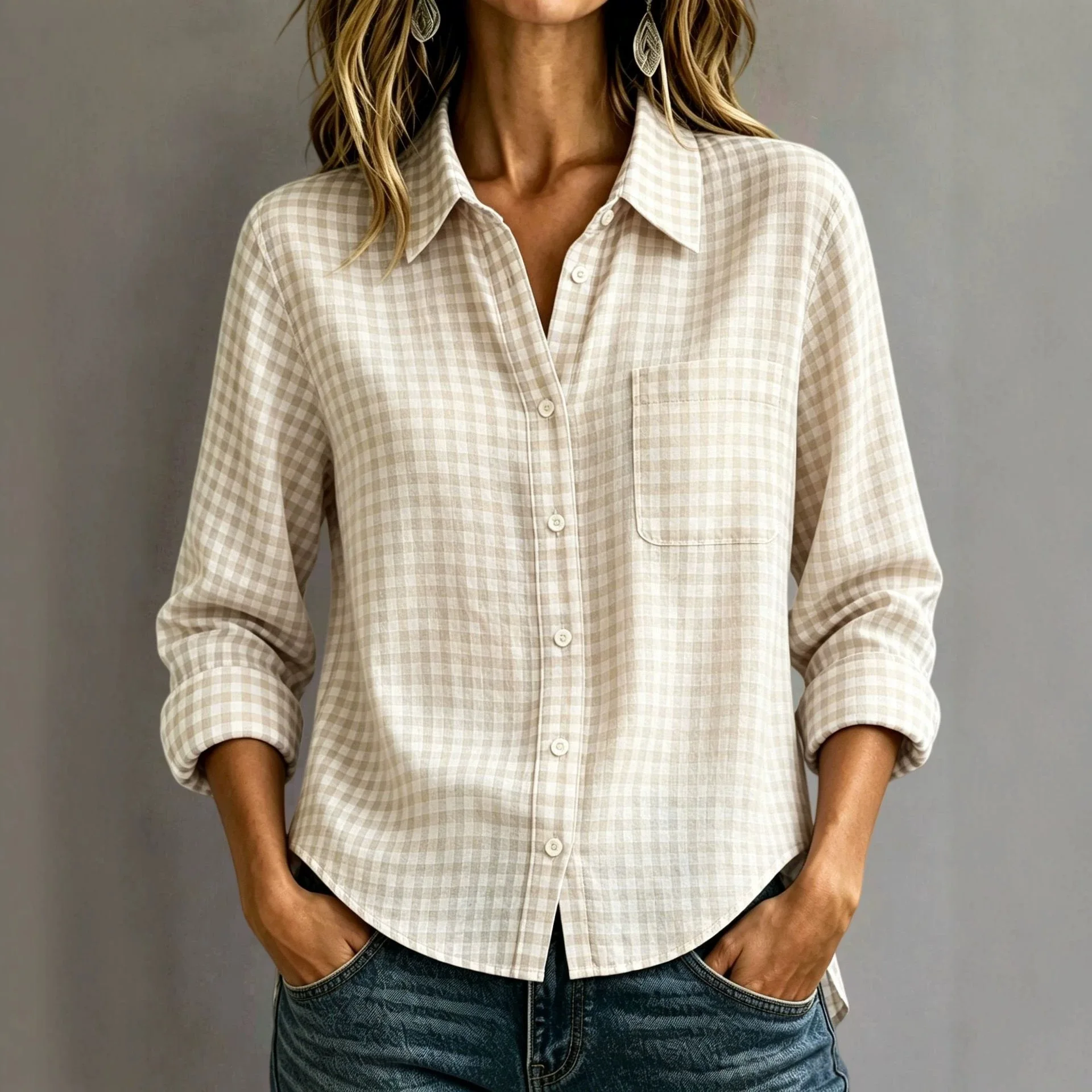 2026 Women’s New Fashion Versatile Reversible Collar Long-Sleeve Checkered Shirt – Trendy and Stylish for All Four Seasons in Eu