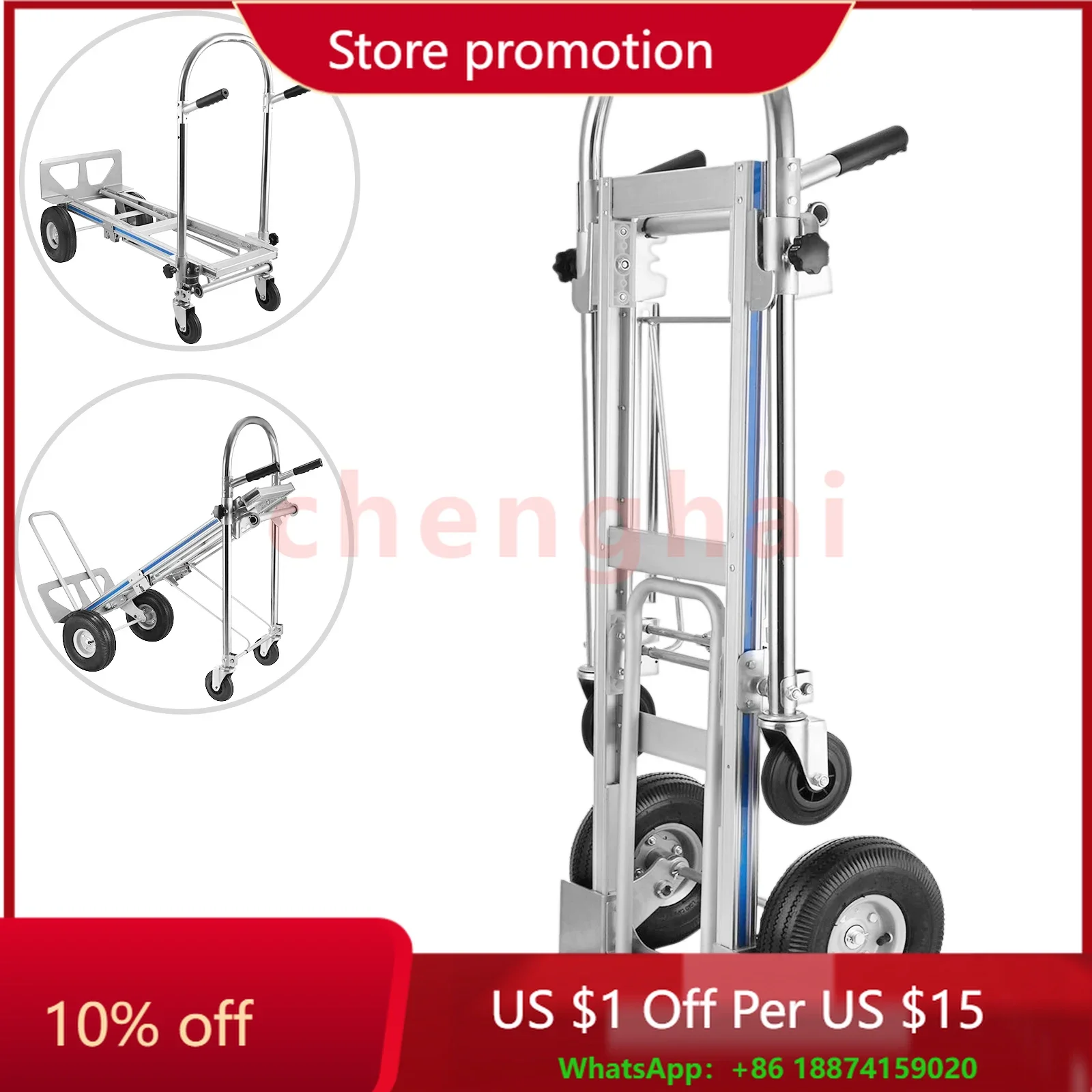 

CH Aluminum Hand Truck 3 in 1, Folding Trolley with Wheels, 1000 lbs, 350 kg maximum weight for domestic use