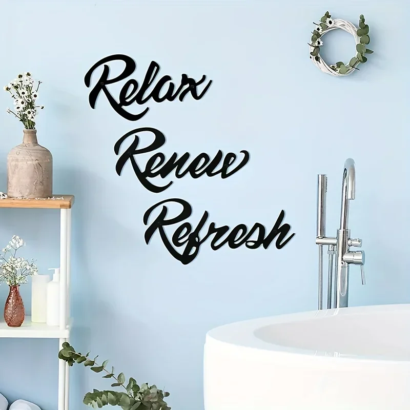 3pcs Metal Farmhouse Bathroom Iron Signs, Letter Sign Relax Renew Refresh Metal Sign, Black Metal Bathroom Wall Home Decoration